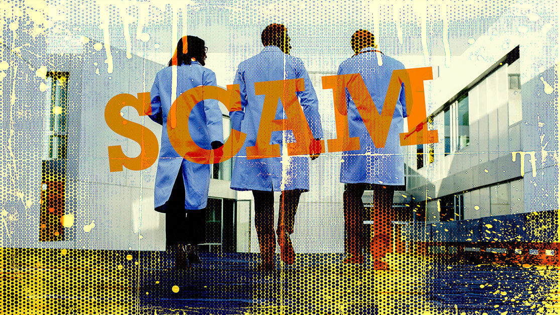 Three psychiatrists with "SCAM" written on them